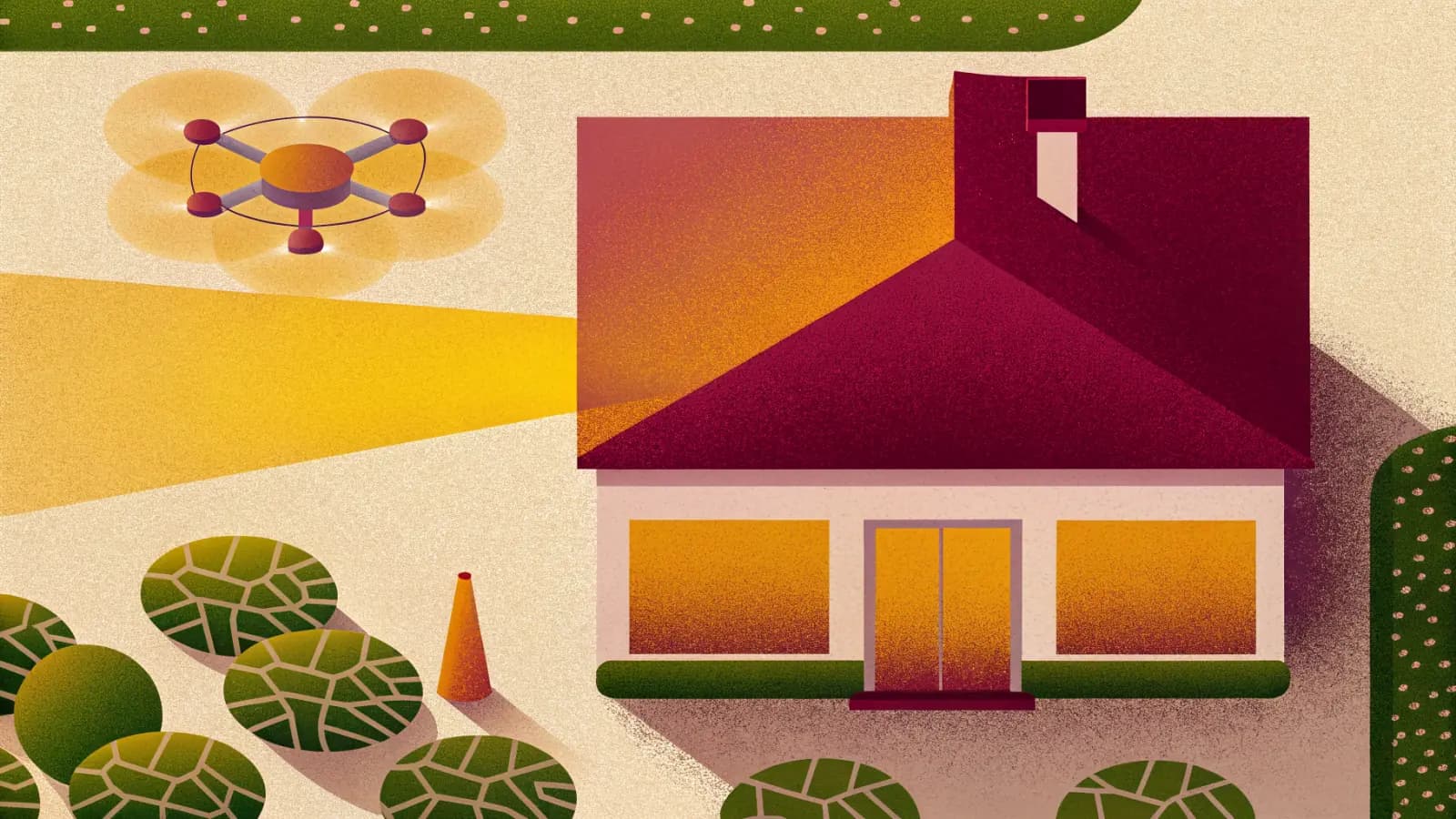 Illustration in a warm, grainy, flat style: a house with a pitched roof seen from above, hedges and trees around it, and a quadcopter to the upper left casting a cone of light onto the roof