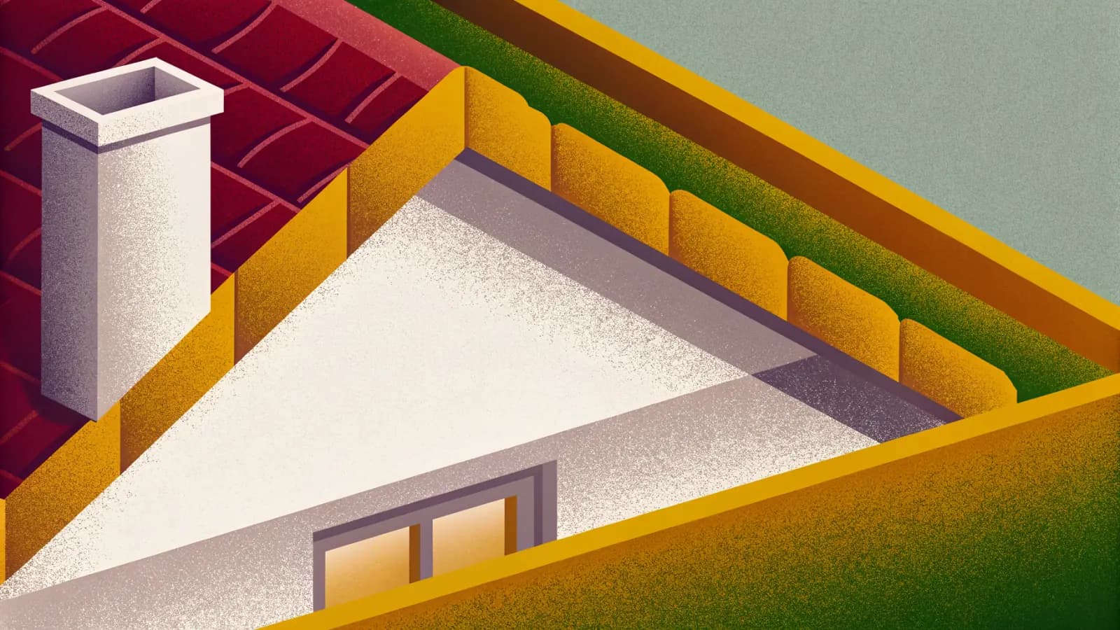 Illustration in a warm, grainy, flat style: a pitched tiled roof seen close from above, with a chimney stack, a valley between two slopes and a run of guttering