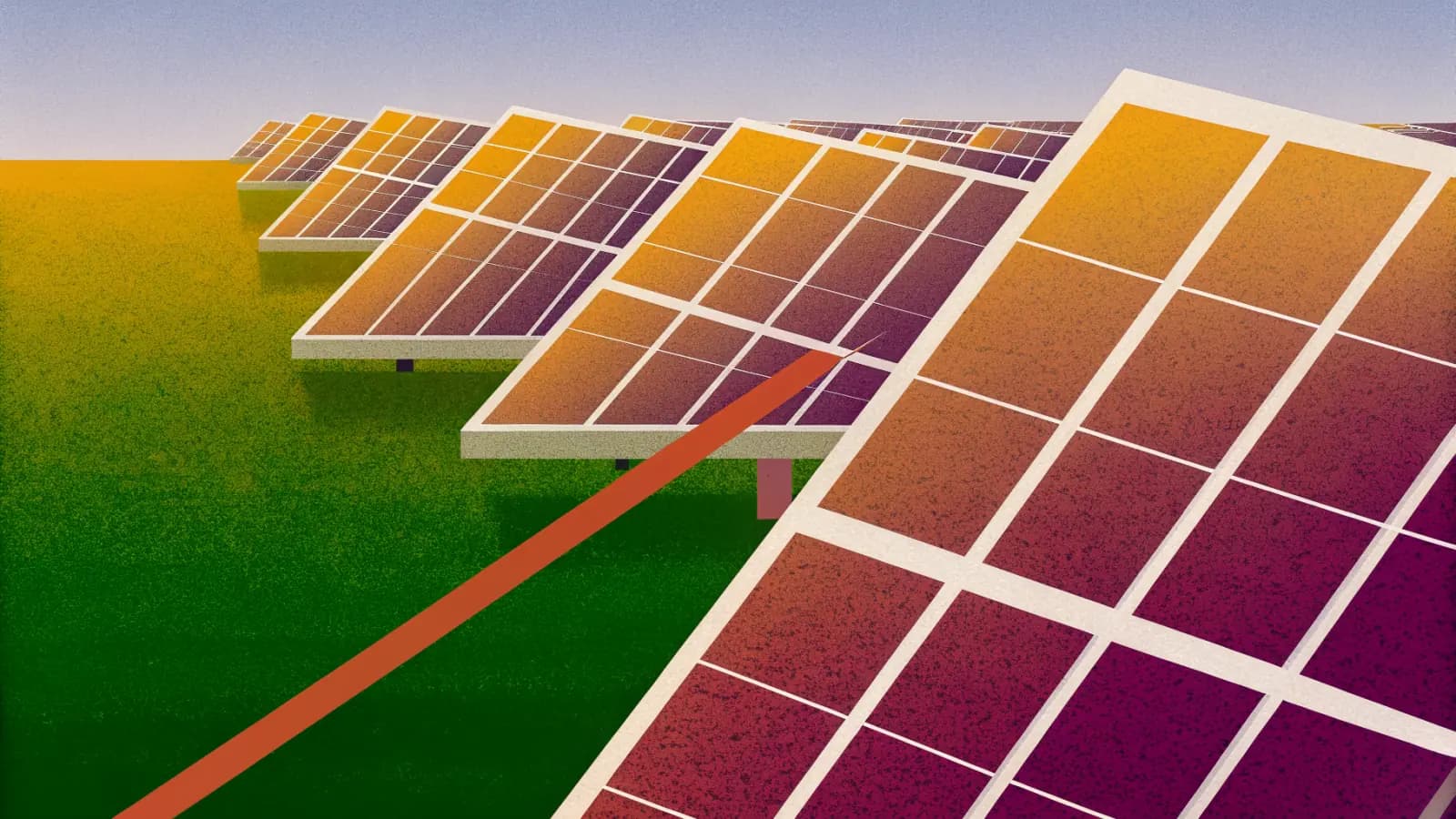 Illustration in a warm, grainy, flat style: rows of solar panels laid out across a field in a grid, seen from above at an angle