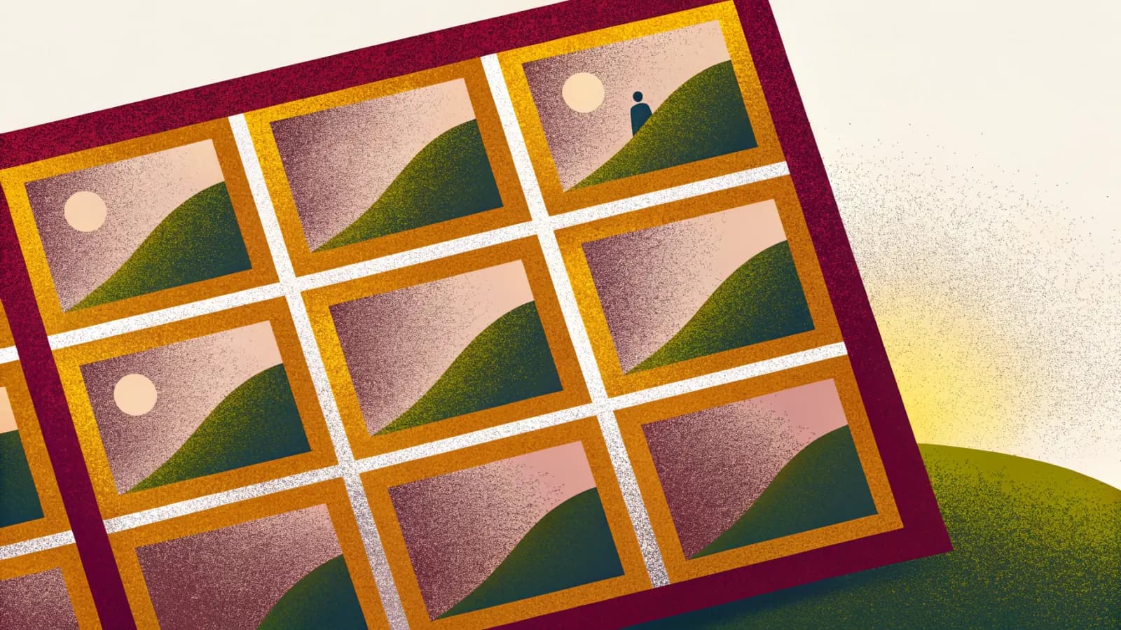 Illustration in a warm, grainy, flat style: a grid of small framed landscape scenes laid out side by side like a sheet of images
