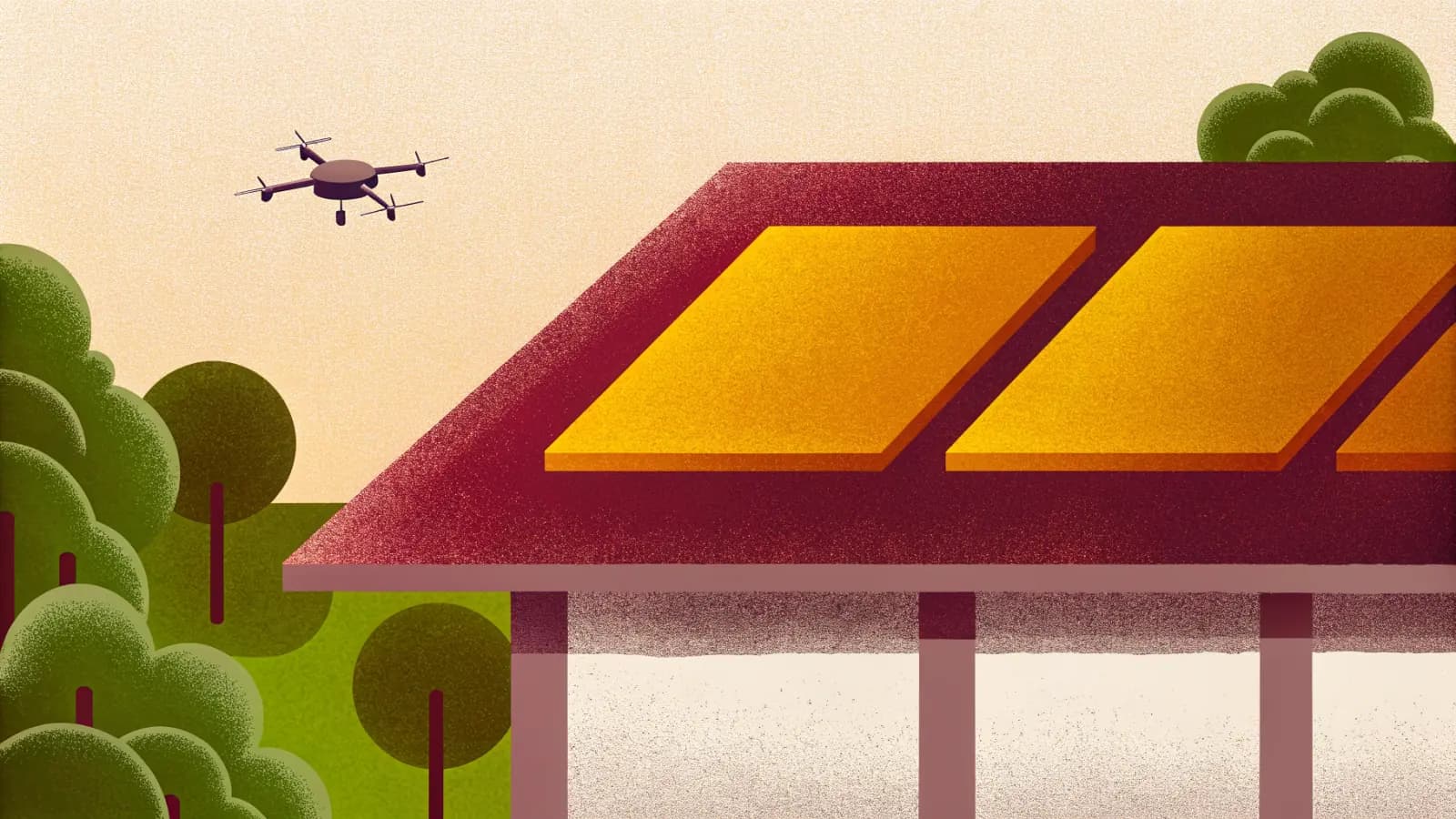 Illustration in a warm, grainy, flat style: a roof with two panels glowing warm against the cooler surface around them, and a drone hovering above