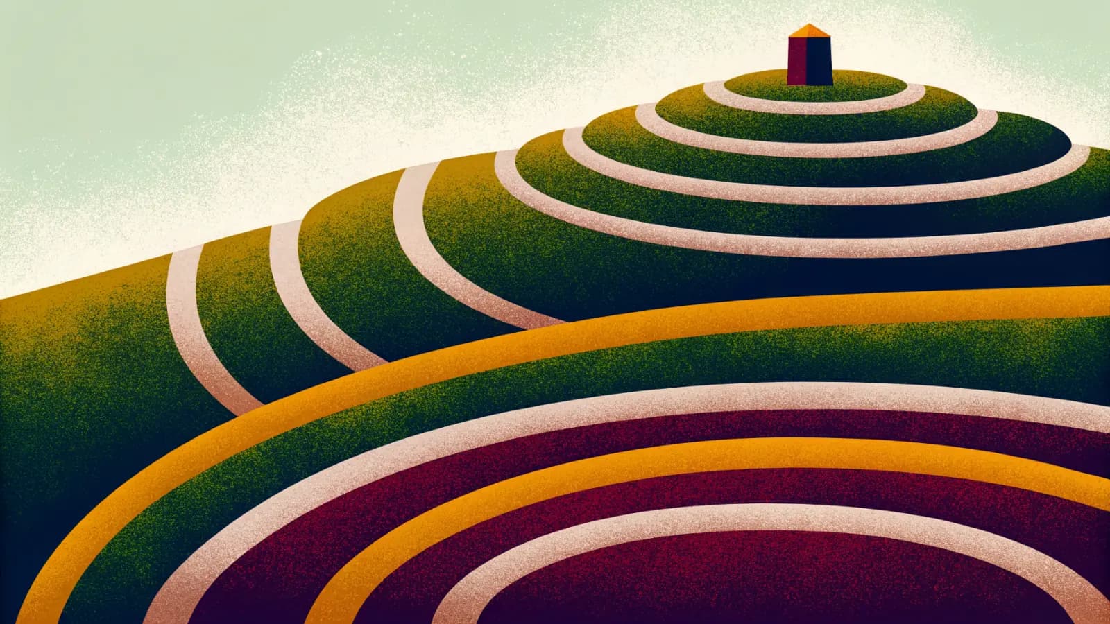 Illustration in a warm, grainy, flat style: a hill drawn as concentric contour bands stepping up to a small structure at the summit