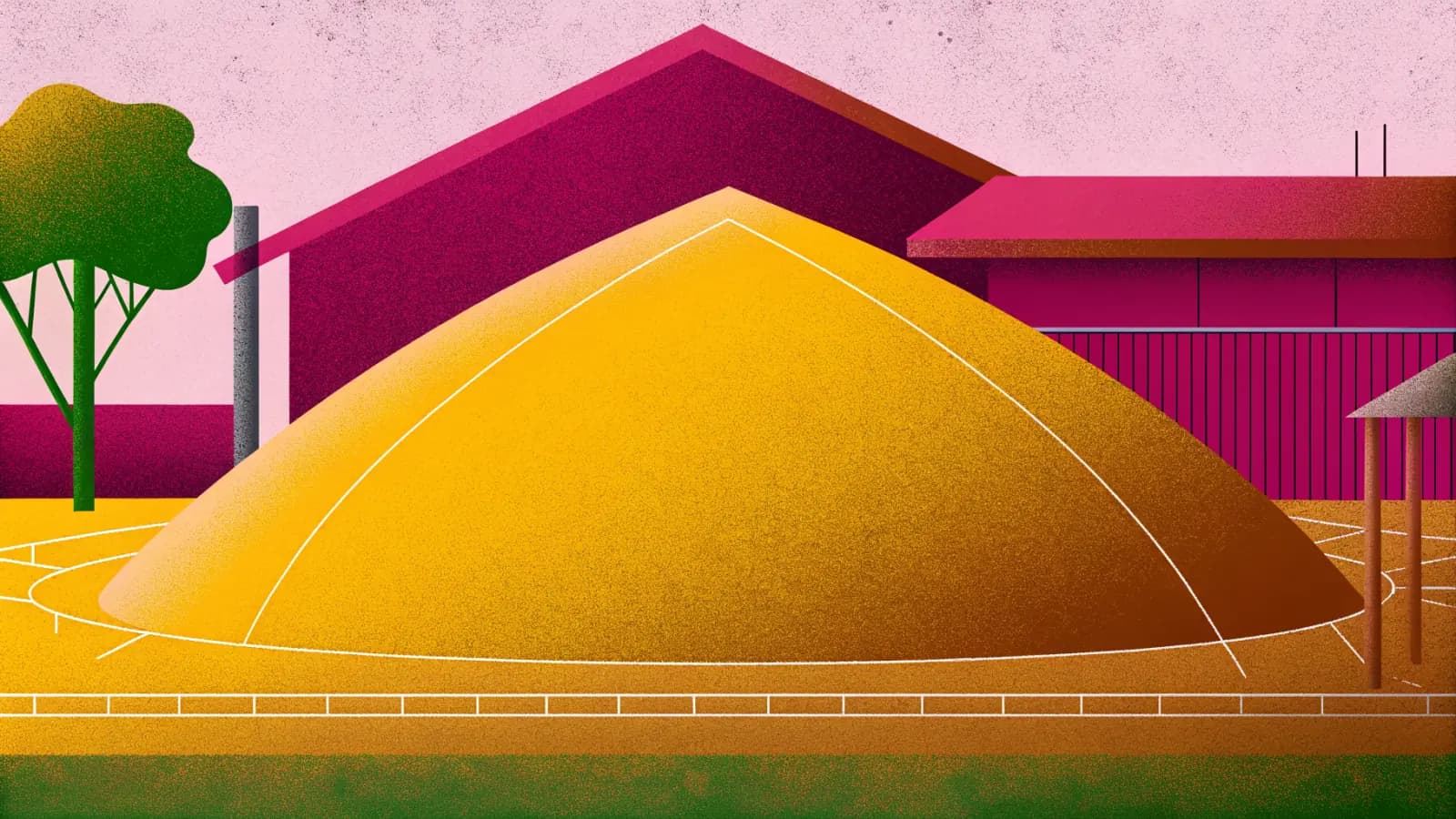 Illustration in a warm, grainy, flat style: a large conical stockpile of material in a yard, with measurement lines drawn across it and around its base