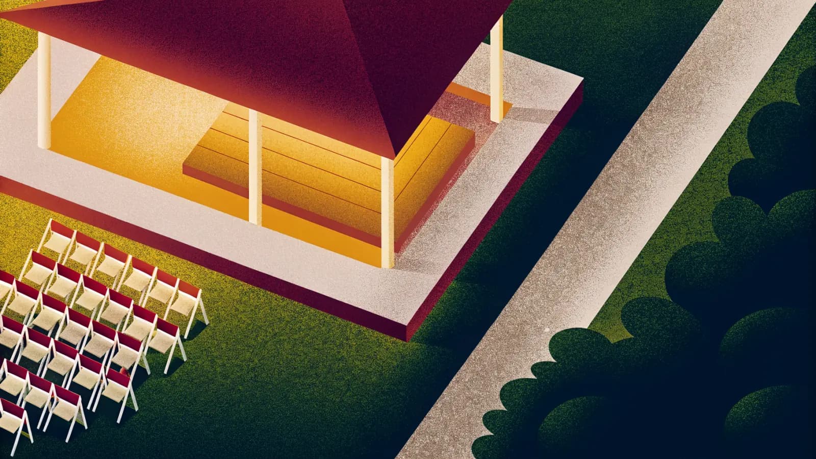 Illustration in a warm, grainy, flat style: an open sided marquee on a lawn seen from above at an angle, with rows of chairs set out beside it