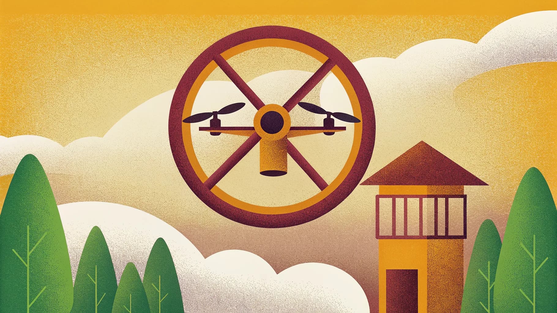 Illustrated drone inside a no-fly zone marker beside a prison watchtower