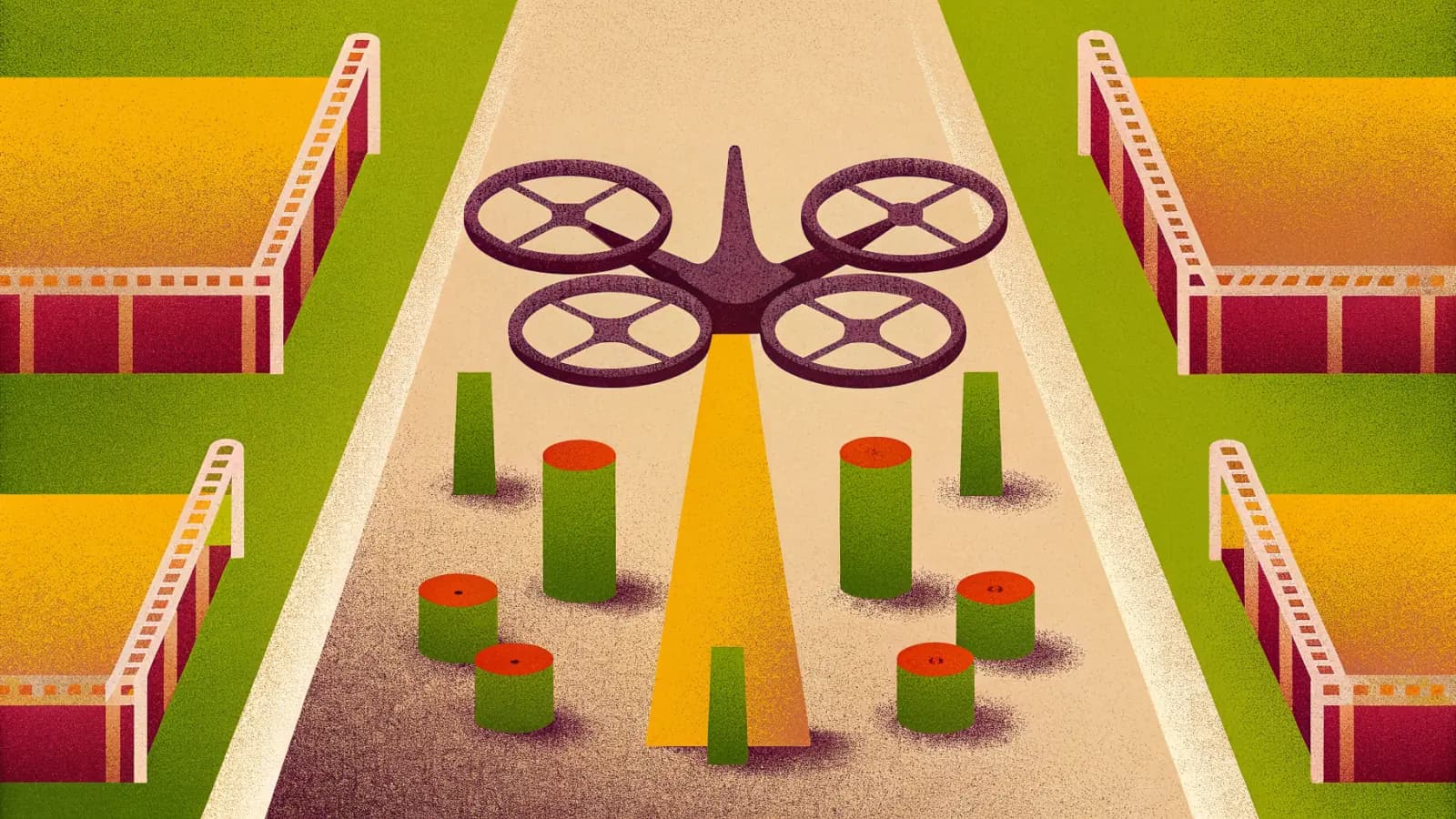 Illustration in a warm, grainy, flat style: a large four rotor drone flying low along a marked course, seen head on, with green and orange markers set out on pale sand either side of a yellow centre line and fenced bays beyond