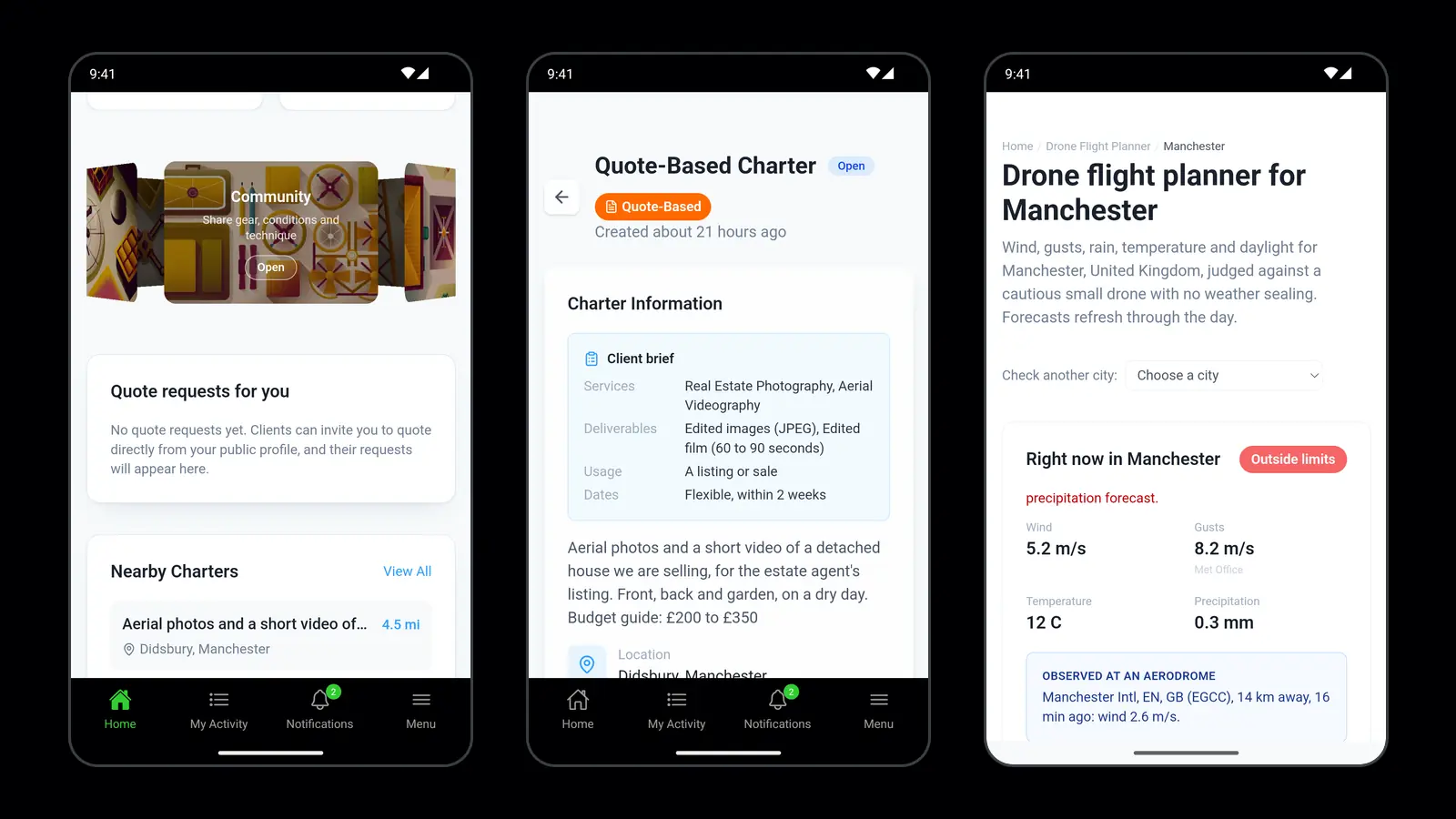 Three Terasor app screens on phones against a black background: the pilot home screen with nearby charters, a Quote-Based charter's client brief, and the drone flight planner for Manchester