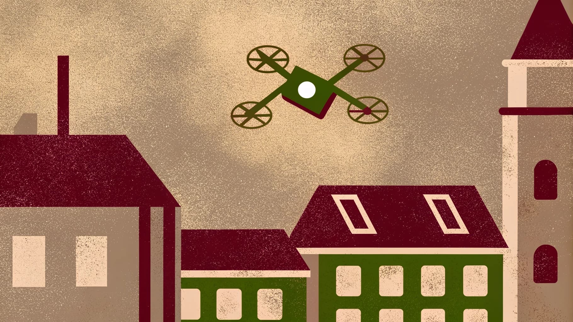 Illustrated drone hovering in a wide tan sky above a row of simple rooftops and a church spire, its camera facing the town below