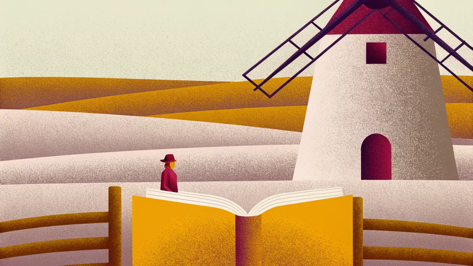 Illustration of a tall cream tower windmill with a burgundy cap and dark lattice sails among golden and cream rolling fields, a small figure in a burgundy coat and hat, and a large open logbook with a mustard cover resting on a wooden fence in the foreground