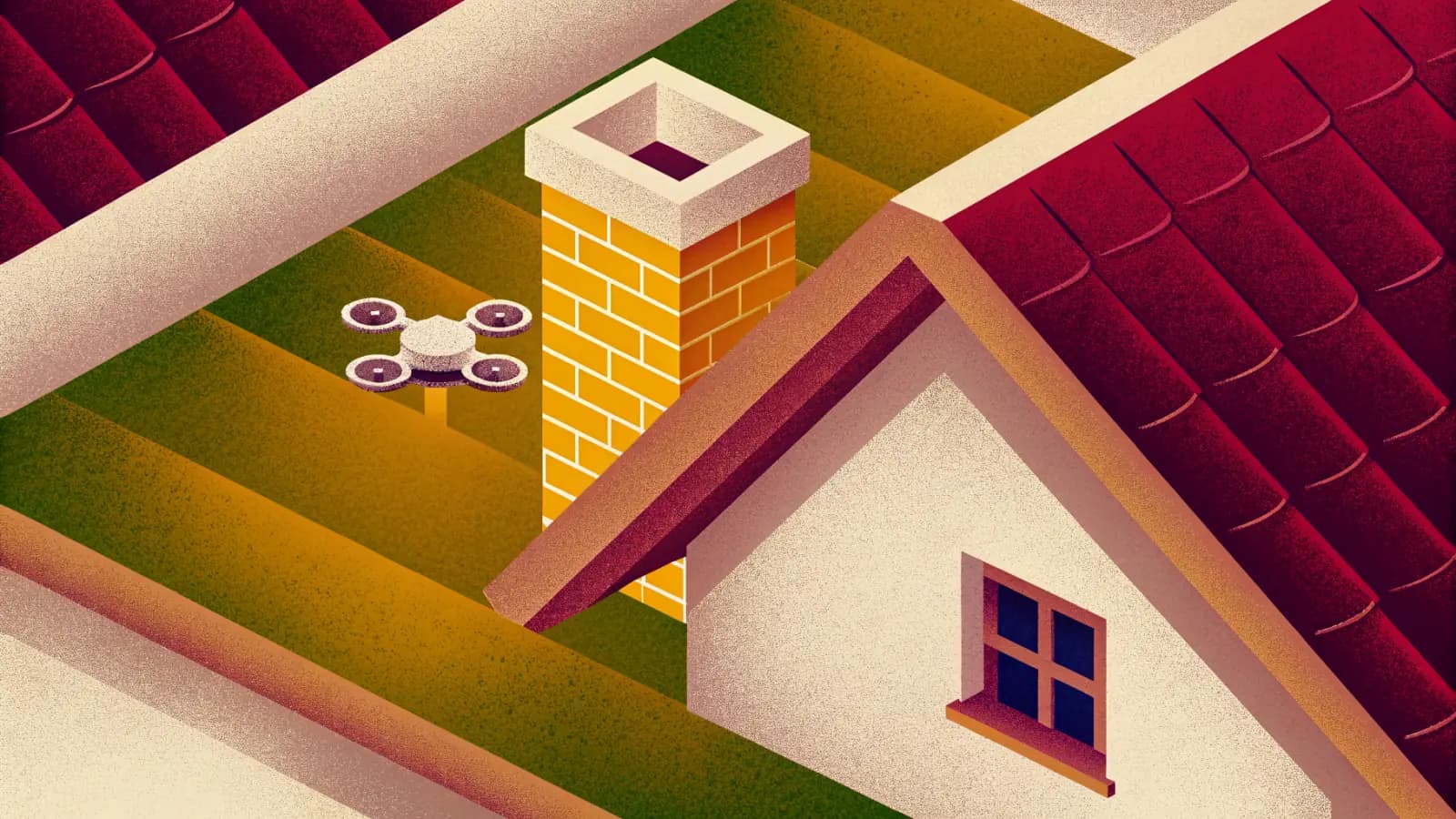 Illustrated house roofs of burgundy tiles seen from above at an angle, a yellow brick chimney beside a cream gable with a small window, and a four rotor quadcopter drone hovering beside the chimney