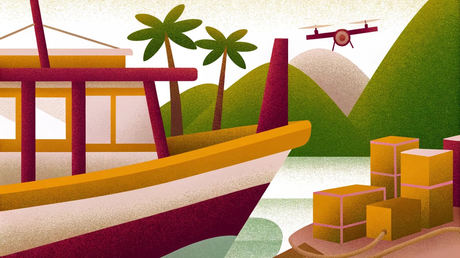 Illustrated Indonesian island harbour seen from an angle, a moored wooden boat and stacked crates beside a jetty, palm trees and terraced green hills behind, with a four rotor quadcopter drone hovering above