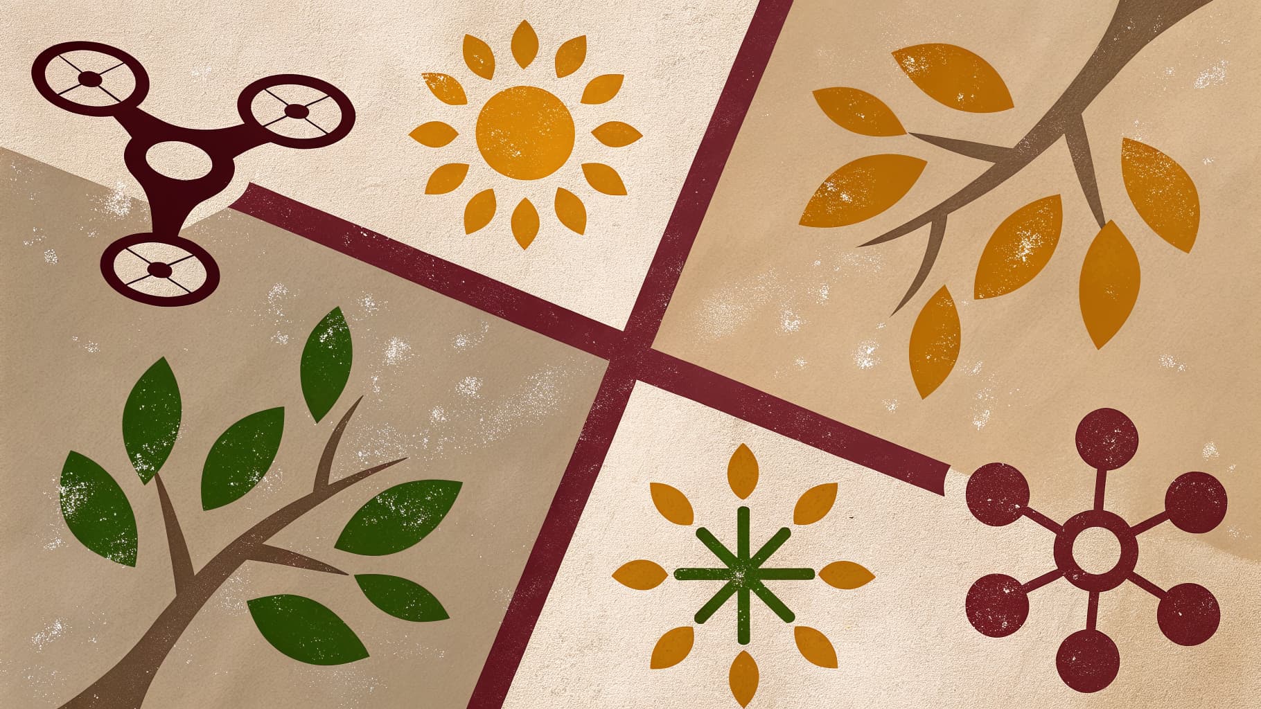 Illustration of a drone beside four panels showing spring leaves, summer sun, autumn leaves and a winter snowflake