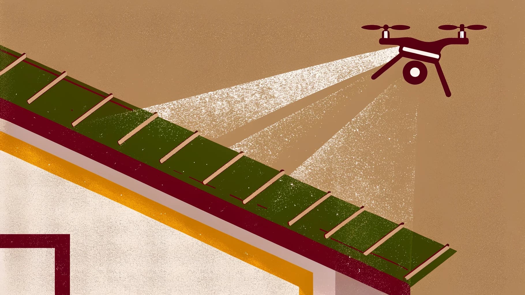 Illustrated drone shining a spotlight along the length of a roof gutter, lighting the run from end to end