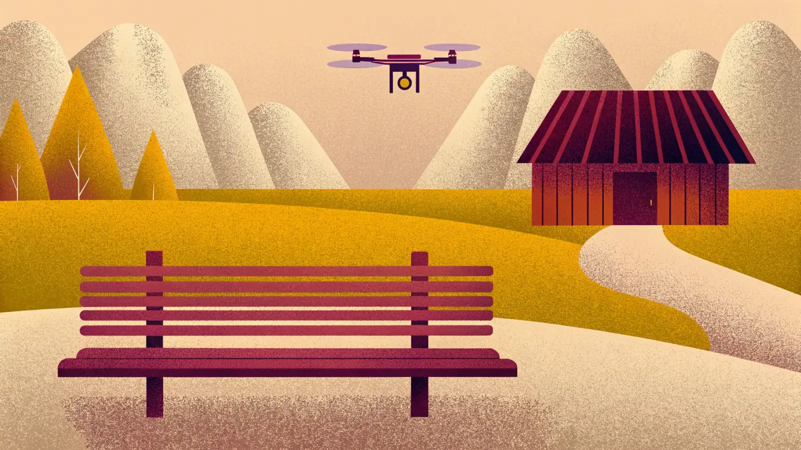 Illustrated alpine pasture of dry golden grass with a wooden bench in the foreground, a wooden hut beside a path and pale rounded peaks behind, with a four rotor quadcopter drone hovering in the sky