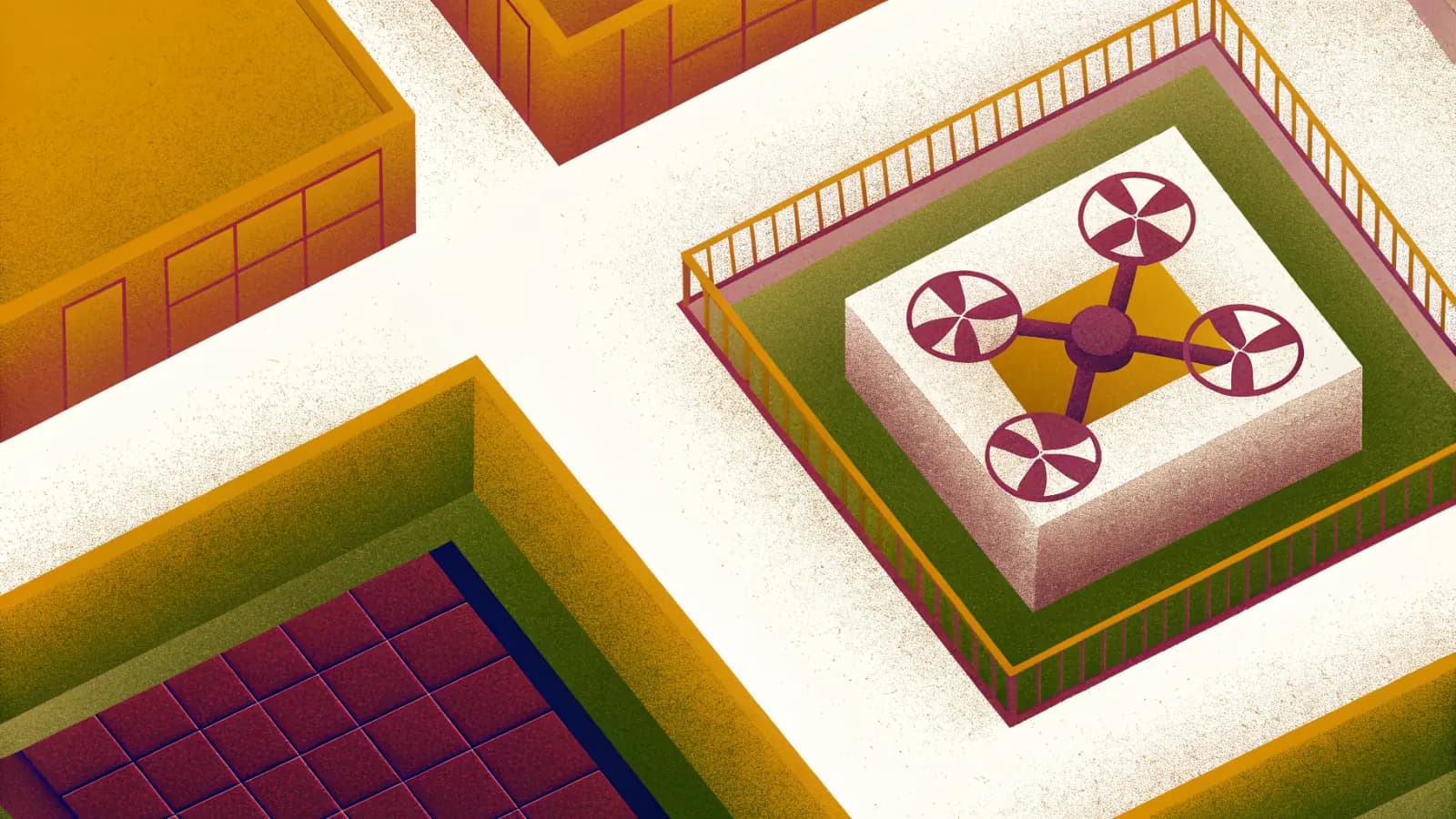 Illustrated drone parked on a rooftop landing pad inside a railed enclosure, seen from above across a block of flat roofs and solar panels