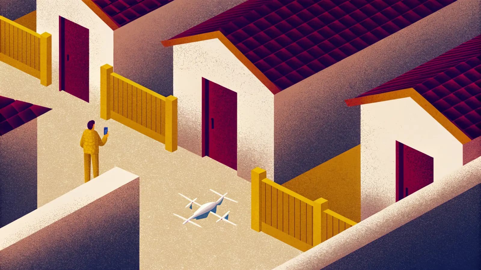 Illustrated lane between houses with burgundy tiled roofs seen from above at an angle, a person in a mustard jacket holding up a phone beside open wooden gates, with a four rotor quadcopter drone standing on the paving
