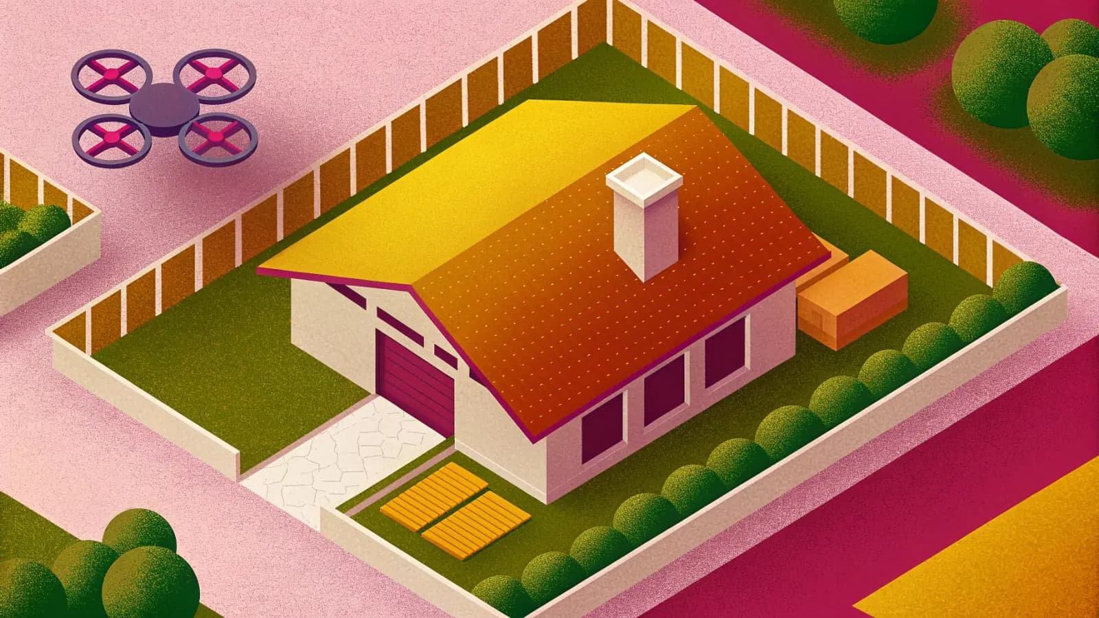 Illustrated aerial view of a detached house with a pitched roof, surrounded by garden walls, hedges, paving, a parked van and stacked equipment cases, with a four rotor drone hovering above the roof.