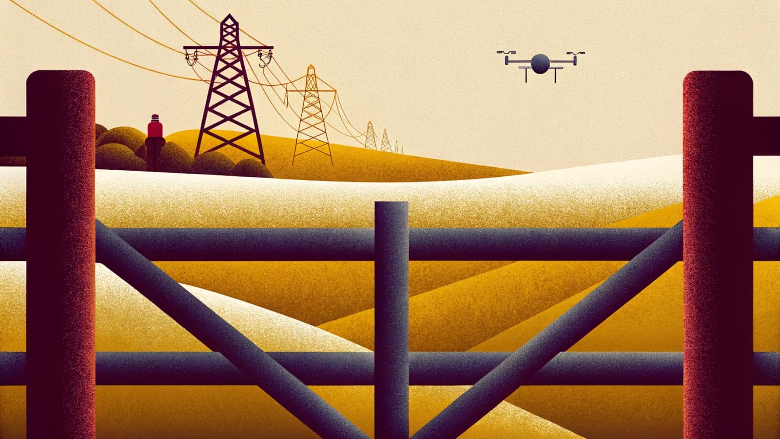 Illustrated farmland of golden fields seen through a wooden field gate, a line of electricity pylons with their cables crossing the hills, a person in a burgundy coat by a hedge, with a four rotor quadcopter drone hovering in the pale sky