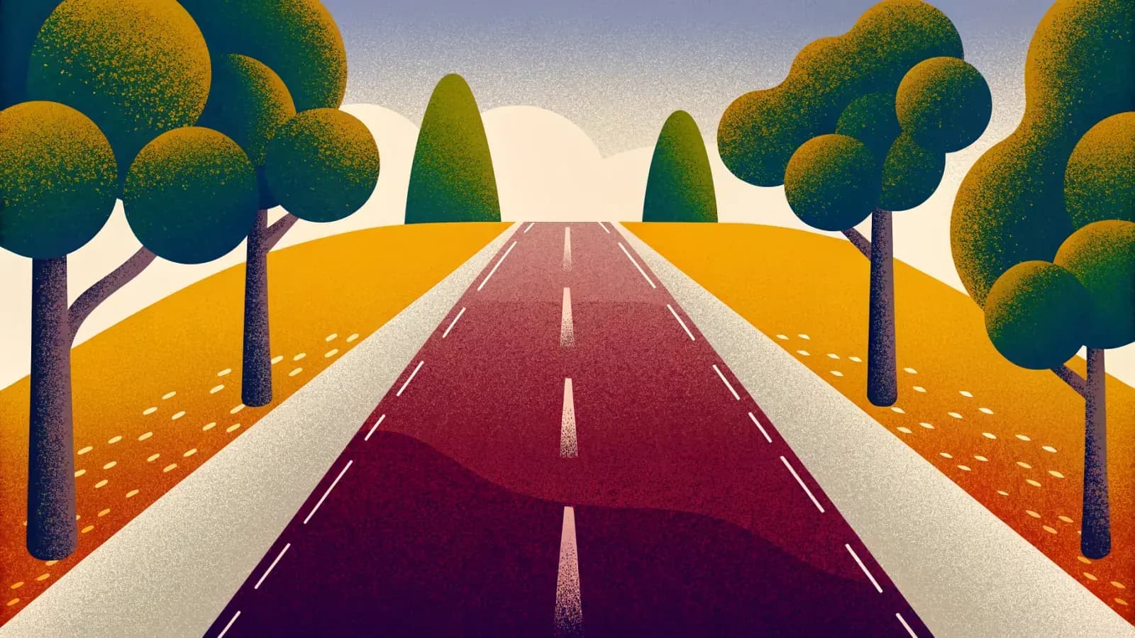 Illustration of a straight road running over warm hills to the horizon, with trees on either side