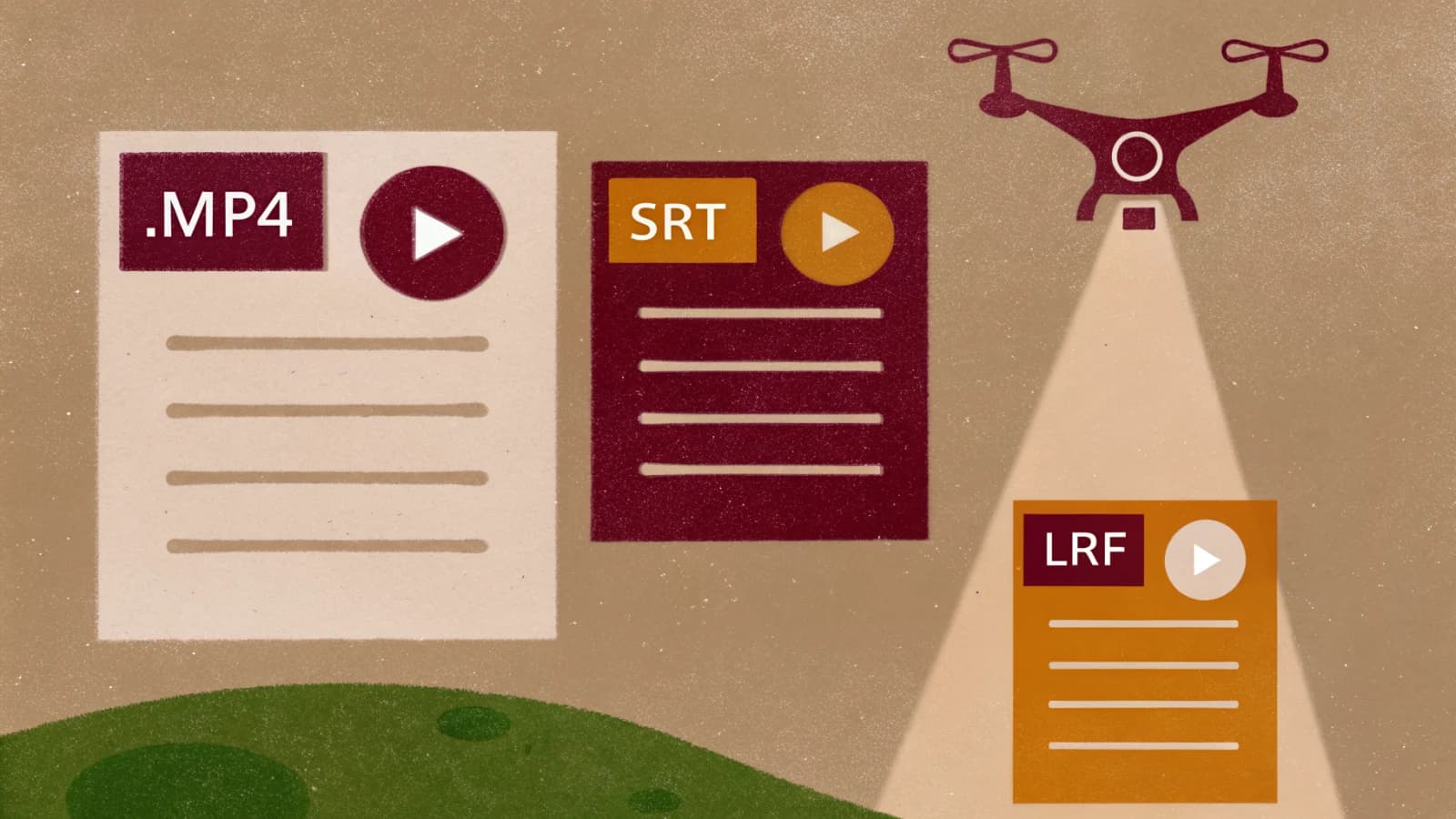 Illustrated drone shining a spotlight on three files from one flight: an MP4 video, an SRT flight record and a small LRF copy
