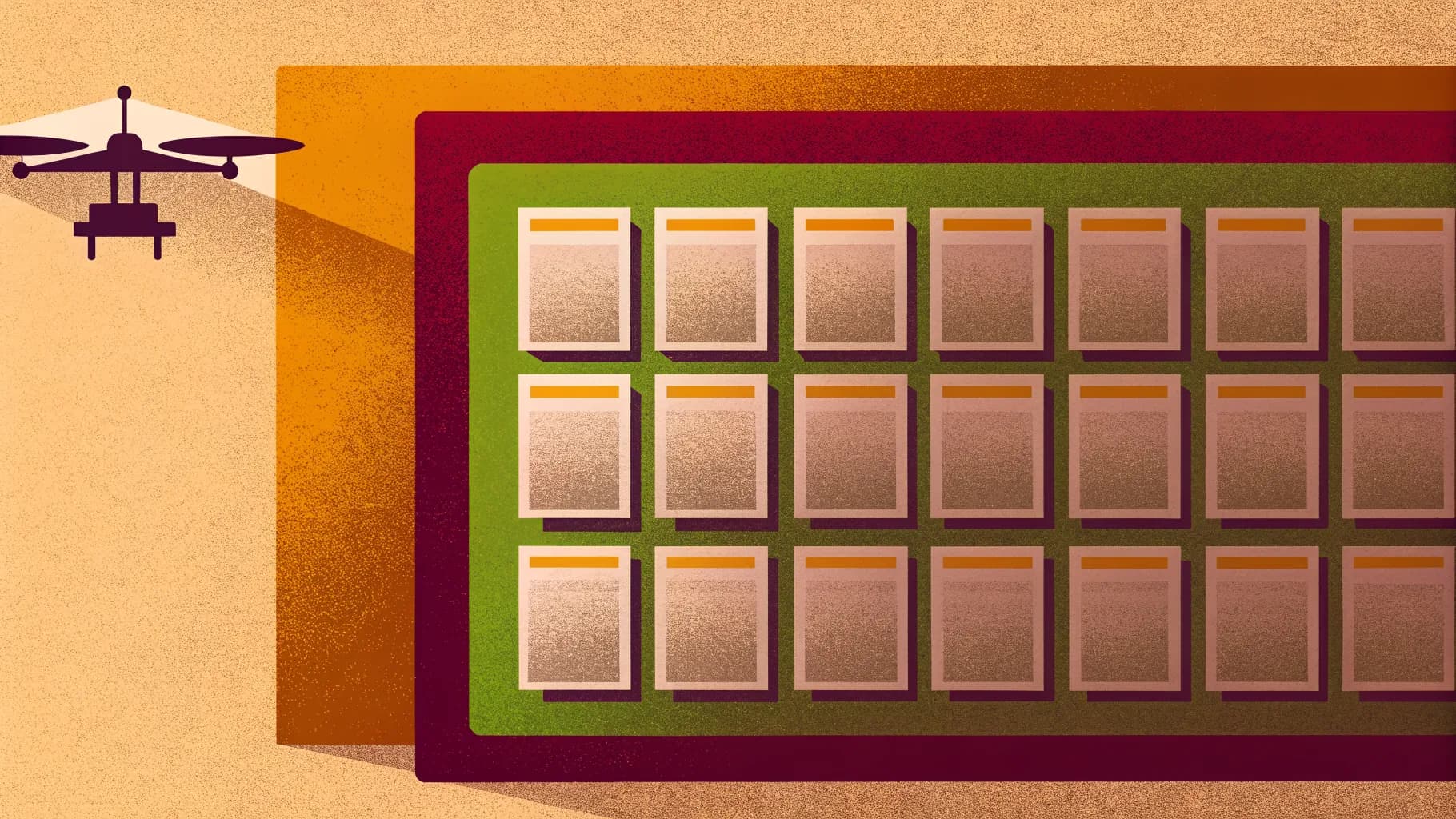 Illustrated drone hovering beside a large board covered in rows of pinned official notices, its light picking the board out against a warm tan background