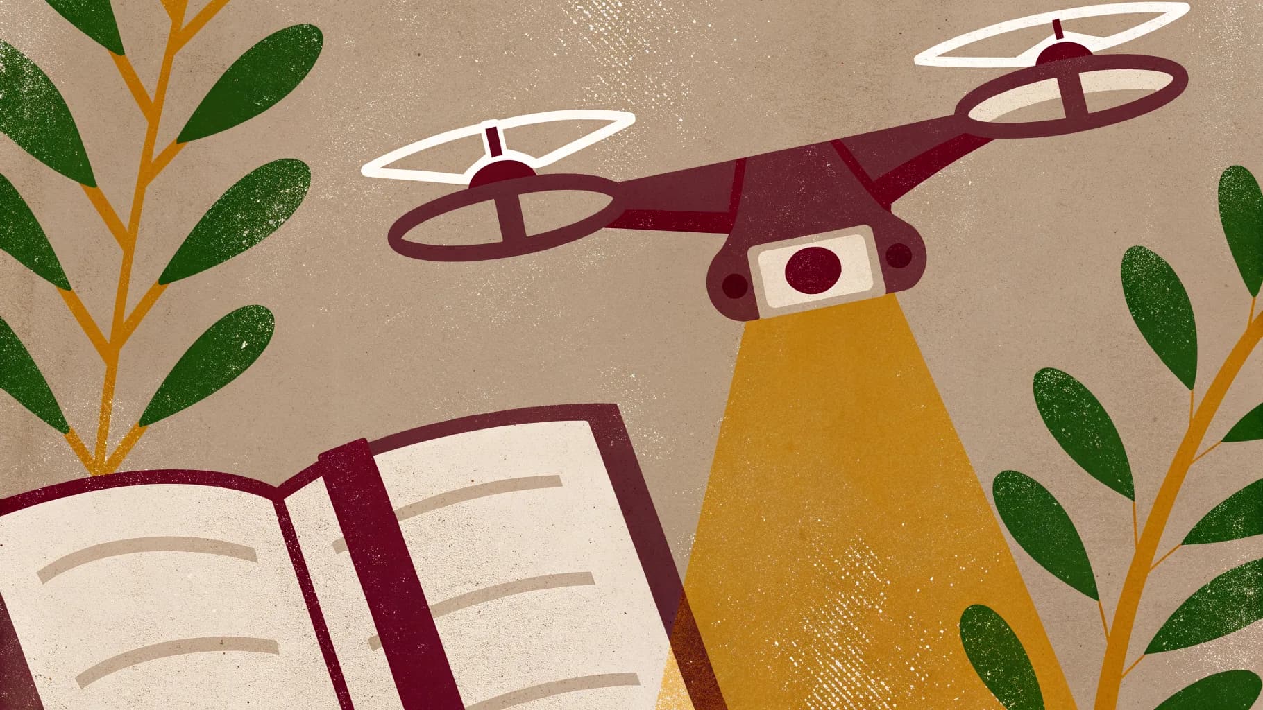 Illustrated drone seen from the side with four rotors, its lamp casting a cone of light down beside a large open rulebook whose ruled lines are blank