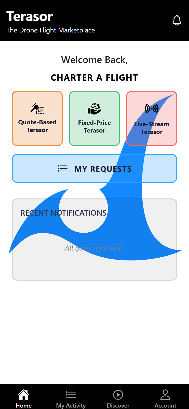 Terasor app home screen showing the three charter options